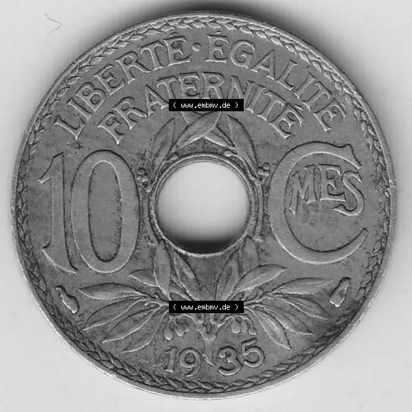 Grau bzw. s/w Münzen Frankreich Umlaufmünze 1917-1938, 10 Centimes - Cmes 1935-1. Rückseite der alten französischen Umlaufmünze 10 Cmes - Centimes - Cent aus Frankreich in der Francs-Währung... Sammlung Graustufen