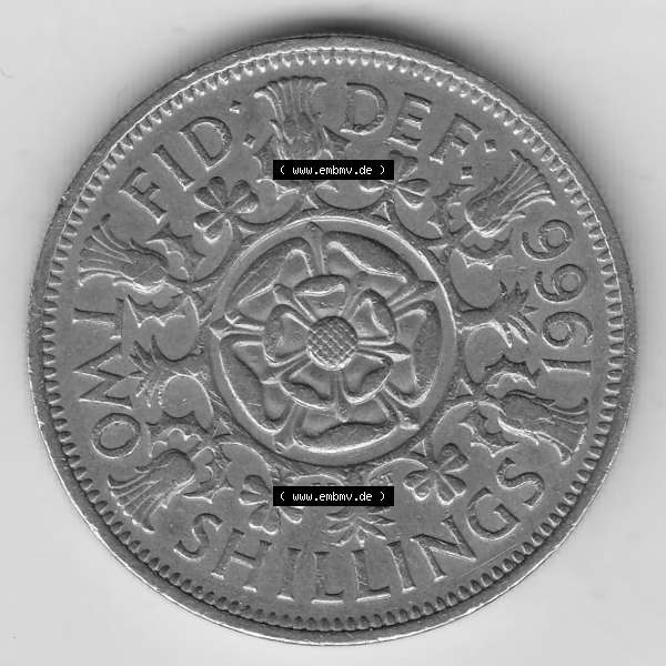 Grau bzw. s/w Münzen Großbritannien Umlaufmünze 1954-1970, 2 Schilling - Shillings 1966-4. Rückseite der alten britischen Münze aus Großbritannien zum katalogisieren und... Sammlung Graustufen