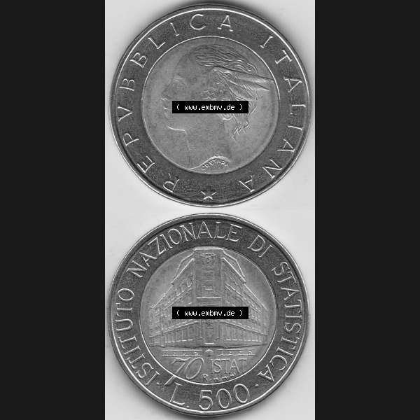 Grau bzw. s/w Bildmaterial von Münzen aus Italien / Italia Gedenkmünzen 1996-1996, 500 Lire, 70 Jahre Nationales Institut für Statistik (1926-1996), 70 ISTAT ISTITUTO NAZIONALE... Sammlung Graustufen