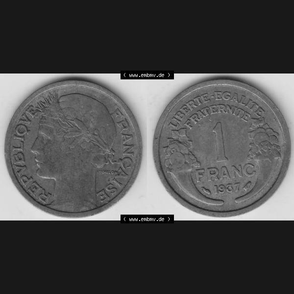 Grau bzw. s/w Münzen Frankreich Umlaufmünze 1931-1941, 1 Franken, 1 Franc, 1937-1 LIBERTE EGALITE FRATERNITE. Vorderseite und Rückseite horizontal auf einen digitalen Bild der... Sammlung Graustufen