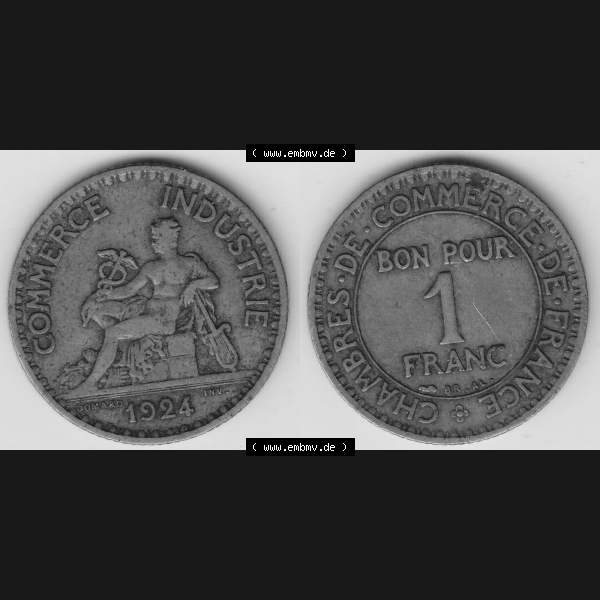 Grau bzw. s/w Münzen Frankreich Umlaufmünze 1920-1927, 1 Franken BON POUR 1 FRANC 1924-2. Vorderseite und Rückseite horizontal auf einen digitalen Bild der alten französischen Umlaufmünze... Sammlung Graustufen