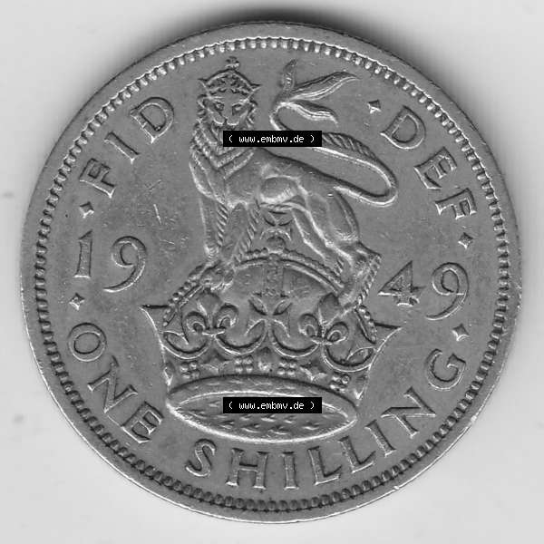 Grau bzw. s/w Münzen Großbritannien Umlaufmünze 1949-1951, 1 One Schilling - Shilling, 1949-1 Stehender Löwe auf Krone. Rückseite der alten britischen Münze aus Großbritannien... Sammlung Graustufen