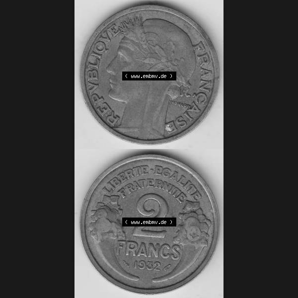 Grau bzw. s/w Münzen Frankreich Umlaufmünze 1931-1941, 2 Franken 1932-2 LIBERTE EGALITE FRATERNITE. Vorderseite und Rückseite vertikal auf einen digitalen Bild der alten französischen... Sammlung Graustufen
