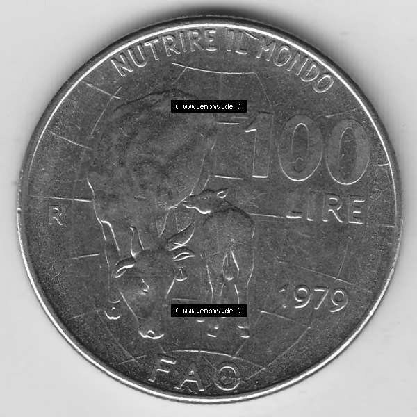 Grau bzw. s/w Bildmaterial von Münzen aus Italien / Italia Gedenkmünzen 1979-1979, 100 Lire, Ernährungs- und Landwirtschafts- Organisation der Vereinten Nationen-2. Rückseite... Sammlung Graustufen