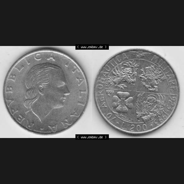 Grau bzw. s/w Bildmaterial von Münzen aus Italien / Italia Gedenkmünzen 1993-1993, 200 Lire Militärischen Luftfahrt. Vorderseite und Rückseite horizontal auf einen digitalen Bild... Sammlung Graustufen