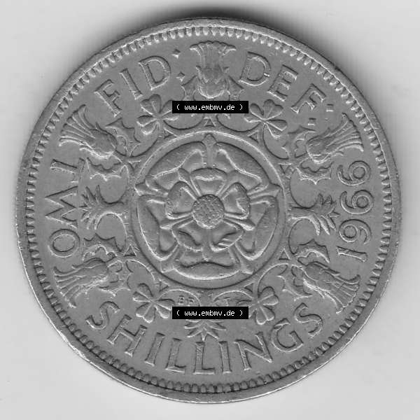 Grau bzw. s/w Münzen Großbritannien Umlaufmünze 1954-1970, 2 Schilling - Shillings 1966-5. Rückseite der alten britischen Münze aus Großbritannien zum katalogisieren und... Sammlung Graustufen