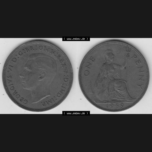 Grau bzw. s/w Münzen Großbritannien Umlaufmünze 1937-1948. 1 One Penny 1939-1, George VI, GEORGIVS VI DGBROMNREX FDINDIMP. HP. Vorderseite und Rückseite horizontal... Sammlung Graustufen