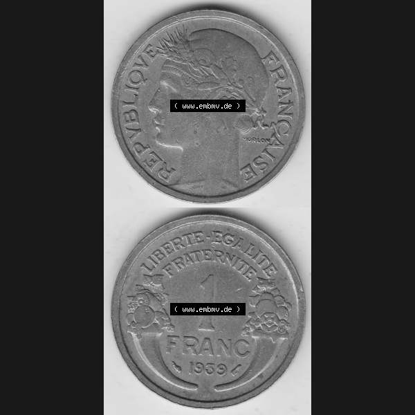 Grau bzw. s/w Münzen Frankreich Umlaufmünze 1931-1941, 1 Franken, 1 Franc, 1939-1 LIBERTE EGALITE FRATERNITE. Vorderseite und Rückseite vertikal auf einen digitalen Bild der alten... Sammlung Graustufen