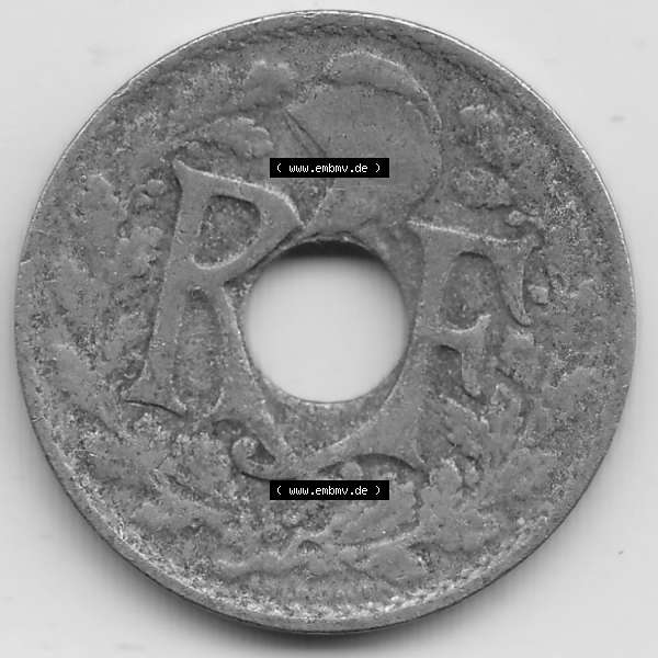 Grau bzw. s/w Münzen Frankreich Umlaufmünze 1917-1938, 10 Centimes - Cmes 1920-2. Vorderseite der alten französischen Umlaufmünze 10 Cmes - Centimes - Cent aus Frankreich in der Francs-Währung... Sammlung Graustufen