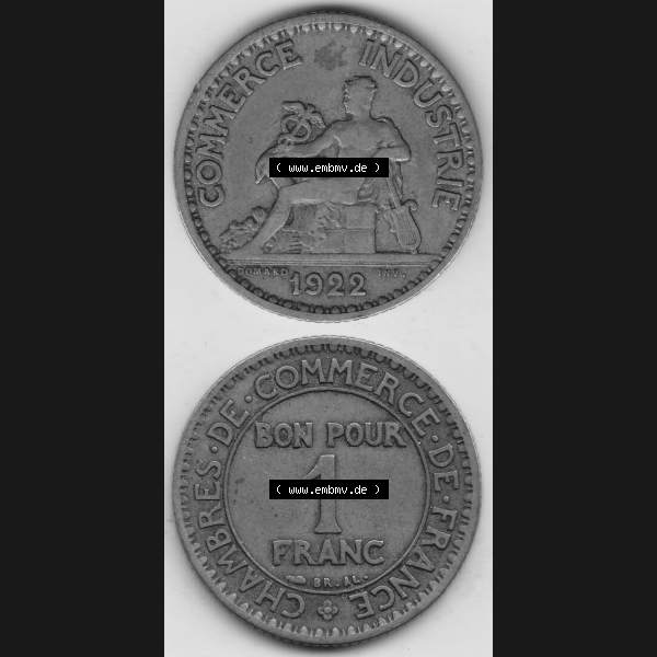 Grau bzw. s/w Münzen Frankreich Umlaufmünze 1922-1927, 1 Franken, BON POUR One Franc, 1922-1 CHAMBRES DE COMMERCE DE FRANCE. Vorderseite und Rückseite vertikal auf einen digitalen... Sammlung Graustufen