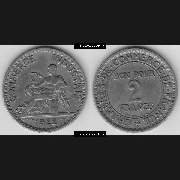 Grau bzw. s/w Münzen Frankreich Umlaufmünze 1920-1927, 2 Francs - Franken 1922-1. Vorderseite und Rückseite horizontal auf einen digitalen Bild der alten französischen Umlaufmünze... Sammlung Graustufen