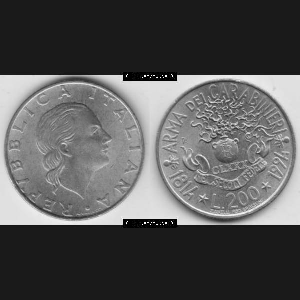 Grau bzw. s/w Bildmaterial von Münzen aus Italien / Italia Gedenkmünzen 1994-1994, 200 Lire 180 Jahre Carabinieri. Vorderseite und Rückseite horizontal auf einen digitalen Bild einer... Sammlung Graustufen