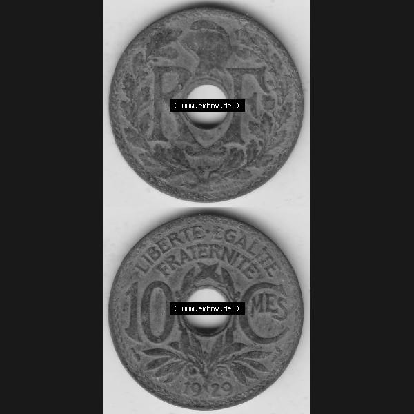 Grau bzw. s/w Münzen Frankreich Umlaufmünze Vollansicht 1917-1938, 10 Centimes, 10 CMES EGALITÉ FRATERNITÉ LIBERTÉ 1929-1. Vorderseite und Rückseite vertikal auf... Sammlung Graustufen