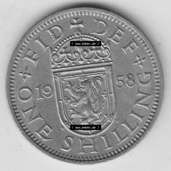 Grau bzw. s/w Münzen Großbritannien Umlaufmünze 1954-1970, 1 Schilling - Shilling, 1958-1 Wappen mit einen Löwen (2) Sammlung Graustufen