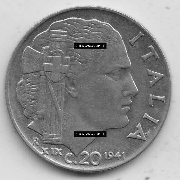 Grau bzw. s/w Alte Münzen KMS Italien / Italia, Kursmünzensatz - Zusammenstellung 1908-1943, mit Münze 1939-1943, 20 C. Centesimi, Cent 1941-1. Rückseite... Sammlung Graustufen