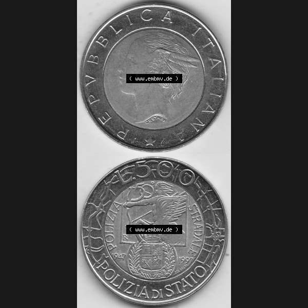 Grau bzw. s/w Bildmaterial von Münzen aus Italien / Italia Gedenkmünzen 1997-1997, 500 Lire, 50 Jahre Staatspolizei (1947-1997), POLIZIA DI STATO POLIZIA STRADALE R.... Sammlung Graustufen