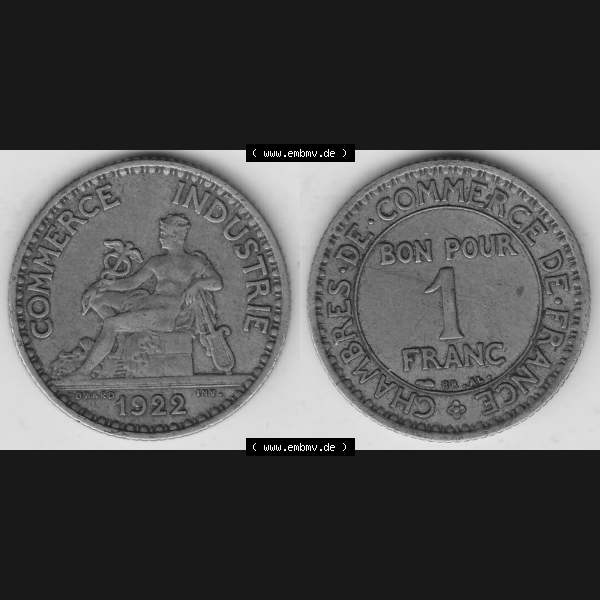 Grau bzw. s/w Münzen Frankreich Umlaufmünze 1922-1927, 1 Franken, BON POUR One Franc, 1922-2 CHAMBRES DE COMMERCE DE FRANCE. Vorderseite und Rückseite horizontal auf einen digitalen... Sammlung Graustufen