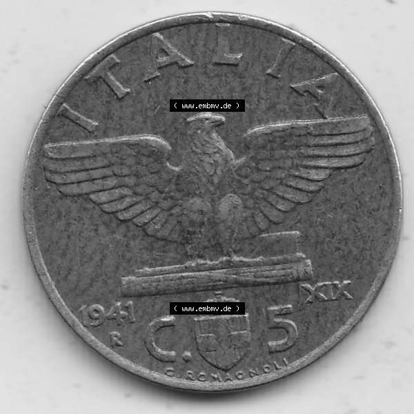 Grau bzw. s/w Alte Münzen KMS Italien / Italia, Kursmünzensatz - Zusammenstellung 1908-1943, mit Münze 1939-1943, 5 Centesimi, Cent, Viktor Emanuel III. C.5... Sammlung Graustufen