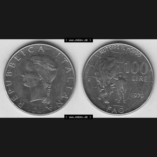 Grau bzw. s/w Bildmaterial von Münzen aus Italien / Italia Gedenkmünzen 1979-1979, 100 Lire, Ernährungs- und Landwirtschafts- Organisation der Vereinten Nationen-2. Vorderseite... Sammlung Graustufen