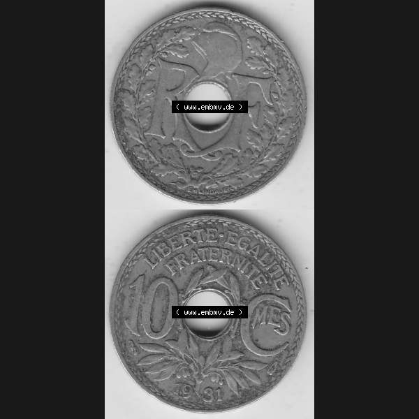 Grau bzw. s/w Münzen Frankreich Umlaufmünze Vollansicht 1917-1938, 10 Centimes, RF - Frankreich 10 CMES EGALITÉ FRATERNITÉ LIBERTÉ 1931-2. Vorderseite und Rückseite... Sammlung Graustufen