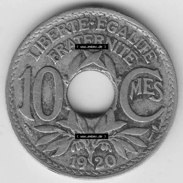 Grau bzw. s/w Münzen Frankreich Umlaufmünze 1917-1938, 10 Centimes - Cmes 1920. Rückseite der alten französischen Umlaufmünze 10 Cmes - Centimes - Cent aus Frankreich in der Francs-Währung... Sammlung Graustufen