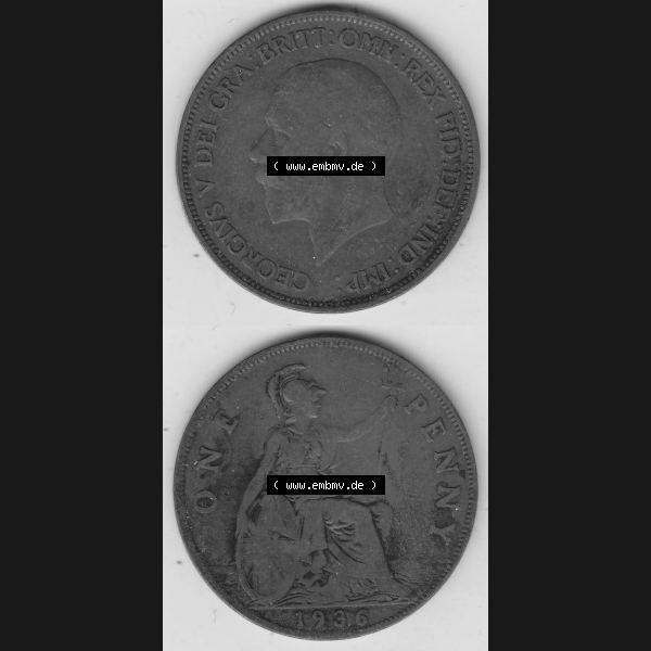Grau bzw. s/w Münzen Großbritannien Umlaufmünze 1928-1936, 1 One Penny, 1936-2, George V. BM GEORGIVS V DEI GRABRITTOMNREX FIDDEFINDIMP. Vorderseite und Rückseite... Sammlung Graustufen