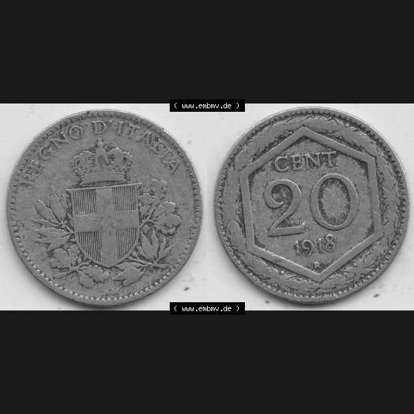 Grau bzw. s/w Alte Münzen KMS Italien / Italia, Kursmünzensatz - Zusammenstellung 1908-1943, mit Münze 1919-1920, 20 Centesimi, Cent, REGNO DITALIA 1918-1. Digitales... Sammlung Graustufen
