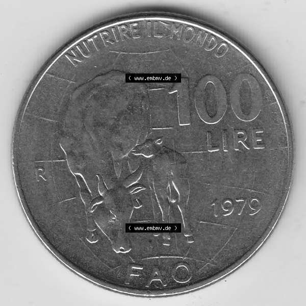 Grau bzw. s/w Bildmaterial von Münzen aus Italien / Italia Gedenkmünzen 1979-1979, 100 Lire, Ernährungs- und Landwirtschafts- Organisation der Vereinten Nationen-1. Rückseite... Sammlung Graustufen