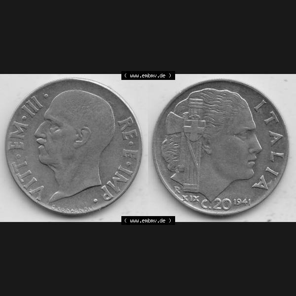 Grau bzw. s/w Alte Münzen KMS Italien / Italia, Kursmünzensatz - Zusammenstellung 1908-1943, mit Münze 1939-1943, 20 C. Centesimi, Cent 1941-1. Digitales Bild... Sammlung Graustufen