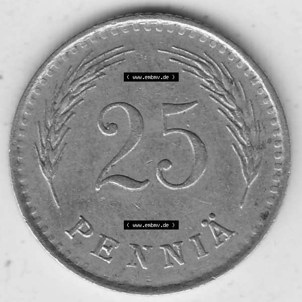 Grau bzw. s/w Alte Münzen KMS Finnland, Kursmünzensatz 1921-1940, 25 Penny, Penniä 1937. Rückseite mit Wert-Zahl bzw. Nennwert einer Münze aus KMS / Kursmünzen... Sammlung Graustufen
