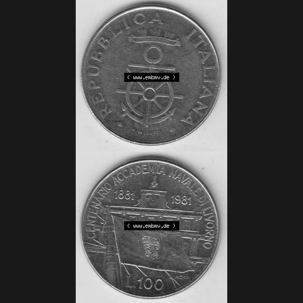 Grau bzw. s/w Bildmaterial von Münzen aus Italien / Italia Gedenkmünzen 1981-1981, 100 Lire, 100. Jahrestag der Gründung der Marineakademie in Livorno (1881-1981)-1.... Sammlung Graustufen