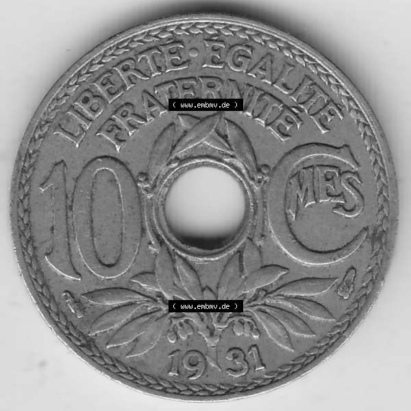 Grau bzw. s/w Münzen Frankreich Umlaufmünze 1917-1938, 10 Centimes, 10 CMES EGALITÉ FRATERNITÉ LIBERTÉ 1931-1. Digitales Bild der Rückseite mit Wertzahl / Nennwert... Sammlung Graustufen