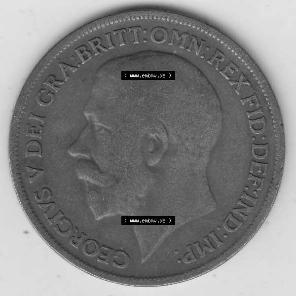 Grau bzw. s/w Münzen Großbritannien Umlaufmünze 1911-1926, 1 One Penny, 1920-1, George V, B.M. GEORGIVS V DEI GRABRITTOMNREX FIDDEFINDIMP. Vorderseite der... Sammlung Graustufen