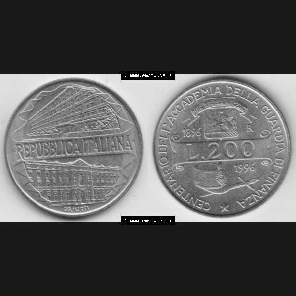 Grau bzw. s/w Bildmaterial von Münzen aus Italien / Italia Gedenkmünzen 1996-1996, 200 Lire Zollakademie. Vorderseite und Rückseite horizontal auf einen digitalen Bild einer alten italienischen... Sammlung Graustufen