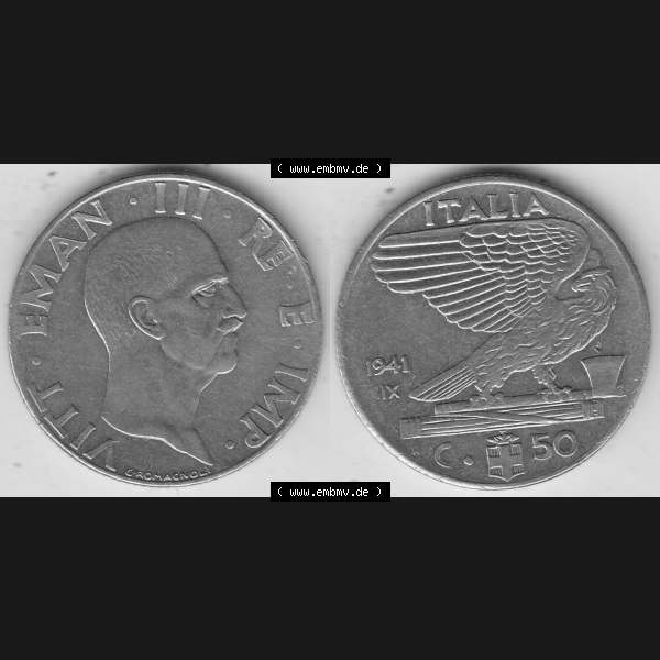 Grau bzw. s/w Alte Münzen KMS Italien / Italia, Kursmünzensatz - Zusammenstellung 1908-1943, mit Münze 1939-1943, 50 Centesimi, Cent, Viktor Emanuael III.,... Sammlung Graustufen