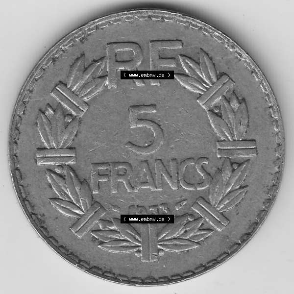 Grau bzw. s/w Münzen Frankreich Umlaufmünze 1933-1938, 5 Franken - Francs RF 1933. Rückseite der alten französischen Umlaufmünze aus Frankreich in der Francs-Währung zum katalogisieren... Sammlung Graustufen