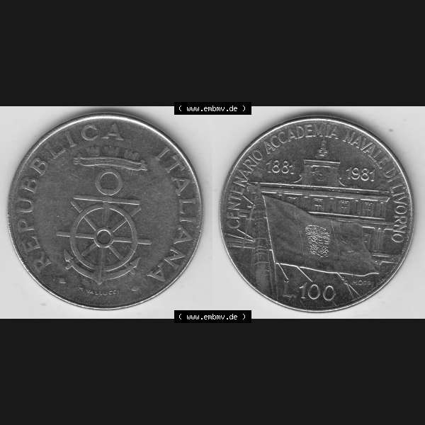 Grau bzw. s/w Bildmaterial von Münzen aus Italien / Italia Gedenkmünzen 1981-1981, 100 Lire, 100. Jahrestag der Gründung der Marineakademie in Livorno (1881-1981)-1.... Sammlung Graustufen