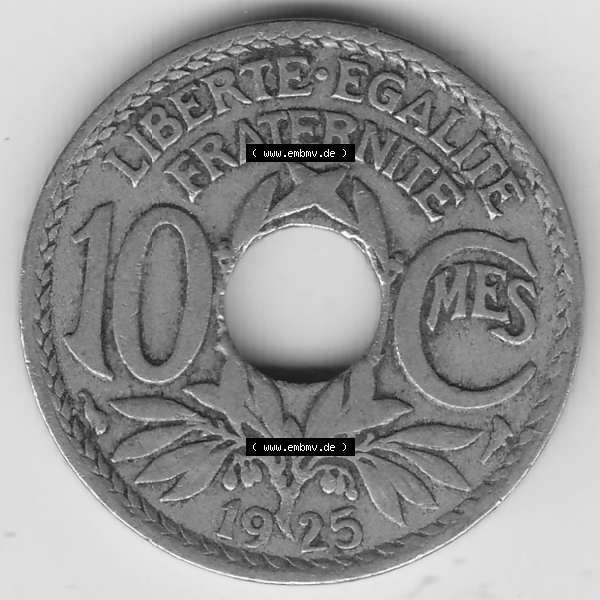 Grau bzw. s/w Münzen Frankreich Umlaufmünze 1917-1938, 10 Centimes - Cmes 1925. Rückseite der alten französischen Umlaufmünze 10 Cmes - Centimes - Cent aus Frankreich in der Francs-Währung... Sammlung Graustufen