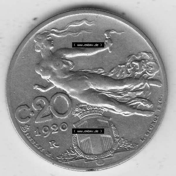 Grau bzw. s/w Alte Münzen KMS Italien / Italia, Kursmünzensatz - Zusammenstellung 1908-1943, mit Münze 1908-1935, 20 C. Centesimi, Cent, 1920-1. Rückseite... Sammlung Graustufen