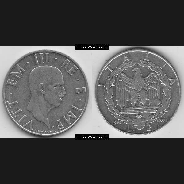 Grau bzw. s/w Alte Münzen KMS Italien / Italia, Kursmünzensatz - Zusammenstellung 1908-1943, mit Münze 1939-1943, 2 Lire, Lira, Viktor Emanuael III., G ROMAGNOLI... Sammlung Graustufen