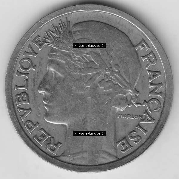 Grau bzw. s/w Münzen Frankreich Umlaufmünze 1931-1941, 2 Franken 1938-1 LIBERTE EGALITE FRATERNITE. Vorderseite der alten französischen Umlaufmünze aus Frankreich in der Francs-Währung... Sammlung Graustufen