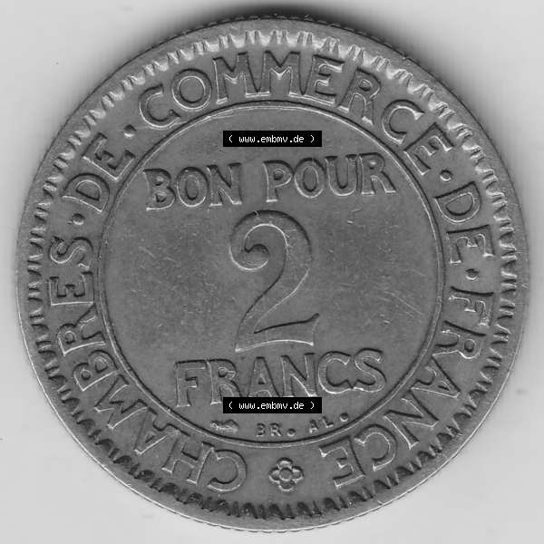 Grau bzw. s/w Münzen Frankreich Umlaufmünze 1920-1927, 2 Francs - Franken 1922-1. Rückseite der alten französischen Umlaufmünze aus Frankreich in der Francs-Währung zum katalogisieren... Sammlung Graustufen