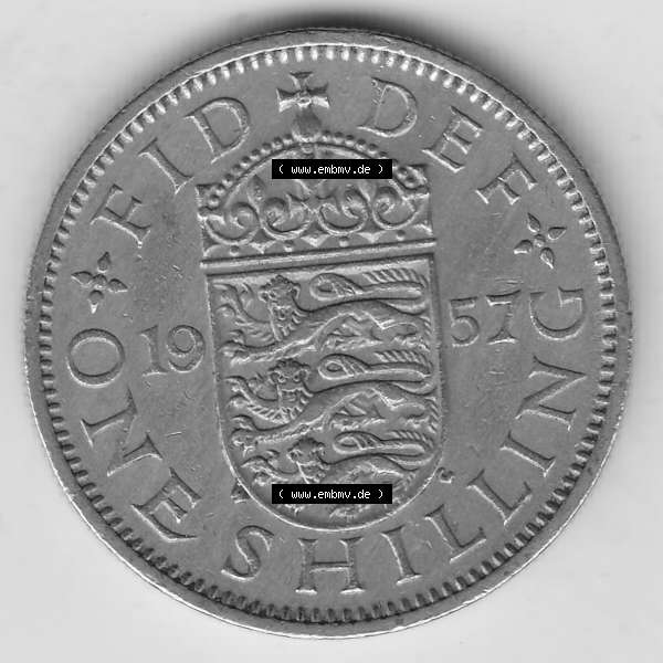Grau bzw. s/w Münzen Großbritannien Umlaufmünze 1954-1970, 1 Schilling - Shilling, 1957-2 Wappen mit drei Löwen. Rückseite der alten britischen Münze aus Großbritannien... Sammlung Graustufen