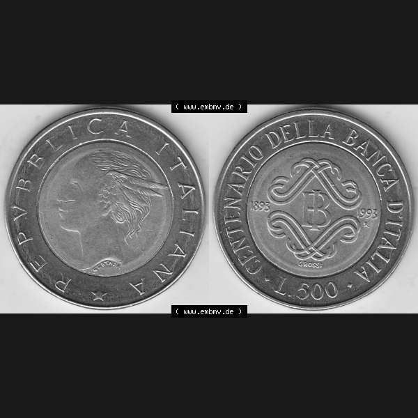 Grau bzw. s/w Bildmaterial von Münzen aus Italien / Italia Gedenkmünzen 1993-1993, 500 Lire, 100 Jahre Bank von Italien (1893-1993), CENTENARIO DELLA BANCA DITALIA GROSSI.... Sammlung Graustufen