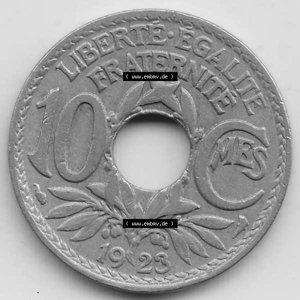 Grau bzw. s/w Münzen Frankreich Umlaufmünze 1917-1938, 10 Centimes - Cmes 1923. Rückseite der alten französischen Umlaufmünze 10 Cmes - Centimes - Cent aus Frankreich in der Francs-Währung... Sammlung Graustufen