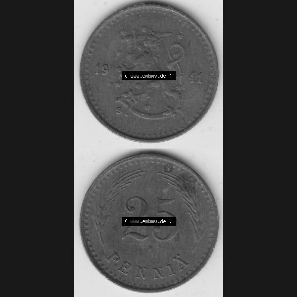 Grau bzw. s/w Alte Münzen KMS Finnland, Kursmünzensatz 1940-1943, 25 Penny, Penniä Kupfer 1941-1. Digitales Bild / Bildmaterial für IPhone und Mobil-Geräte mit Vorderseite... Sammlung Graustufen