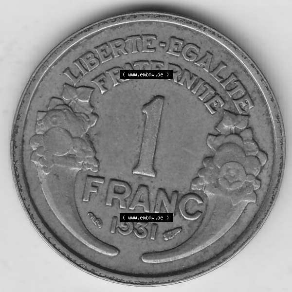 Grau bzw. s/w Münzen Frankreich Umlaufmünze 1931-1941, 1 Franken, 1 Franc, 1931-1 LIBERTE EGALITE FRATERNITE. Rückseite der alten französischen Umlaufmünze aus Frankreich... Sammlung Graustufen