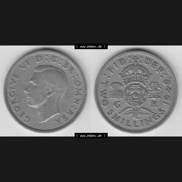Grau bzw. s/w Münzen Großbritannien Umlaufmünze 1949-1951, 2 Schilling - Shillings 1949-1. Vorderseite und Rückseite horizontal auf einen digitalen Bild der alten britischen Münze... Sammlung Graustufen