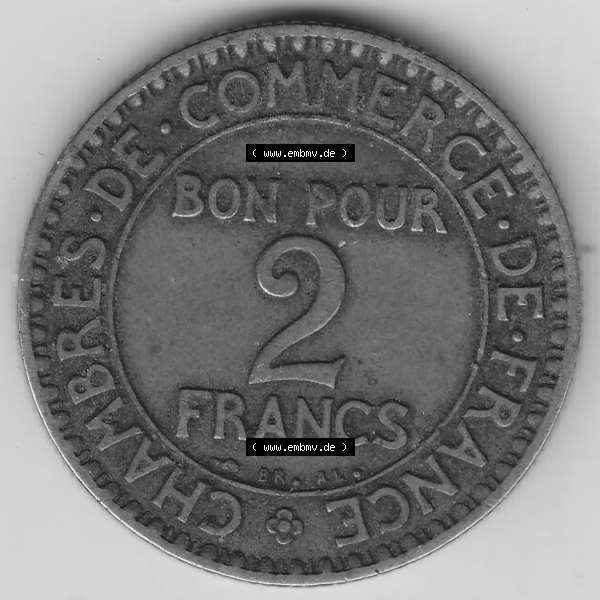 Grau bzw. s/w Münzen Frankreich Umlaufmünze 1920-1927, 2 Francs - Franken 1923. Rückseite der alten französischen Umlaufmünze aus Frankreich in der Francs-Währung zum katalogisieren... Sammlung Graustufen
