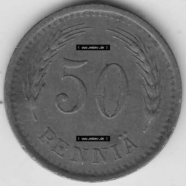 Grau bzw. s/w Alte Münzen KMS Finnland, Kursmünzensatz 1940-1943, 50 Penny, Penniä, Kupfer 1941-1. Rückseite mit Wert-Zahl bzw. Nennwert einer Münze aus... Sammlung Graustufen